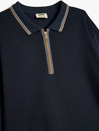 Polo Tişört Uzun Kollu Yarım Fermuarlı Şerit Detaylı Pamuklu