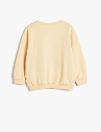 Sweatshirt Çiçek Aplike Detaylı Uzun Kollu Bisiklet Yaka Şardonlu Pamuklu