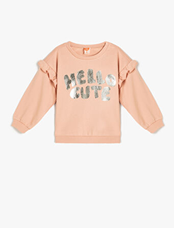 Fırfırlı Sweatshirt Baskılı Uzun Kollu Bisiklet Yaka Şardonlu Pamuklu