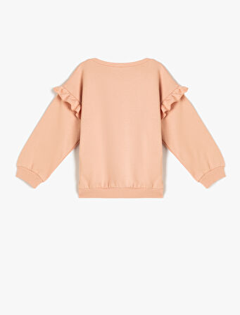 Fırfırlı Sweatshirt Baskılı Uzun Kollu Bisiklet Yaka Şardonlu Pamuklu