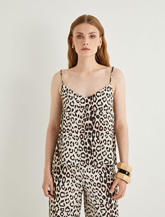 Leopar Desenli Üst İnce Askılı V Yaka Viskoz Kumaş