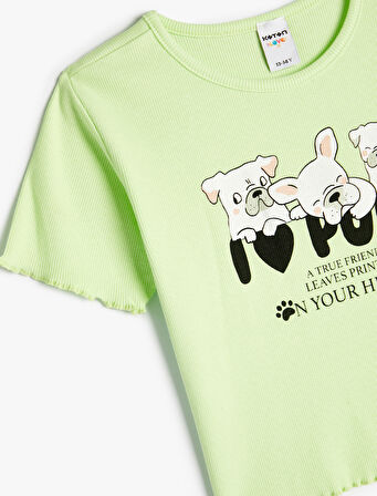 Crop Tişört Köpek Baskılı Kısa Kollu Yuvarlak Yaka Pamuklu