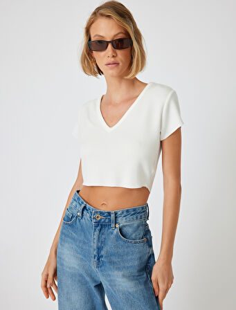Crop Viskon Tişört V Yaka Kısa Kollu Slim Fit