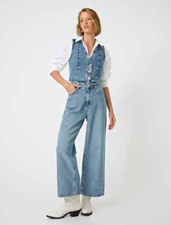 Crop Bol Paça Kot Pantolon Normal Bel Slim Fit Düğmeli - Wide Leg Crop Jean