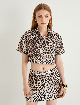 Oversize Leopar Desenli Crop Gömlek Kısa Kollu 