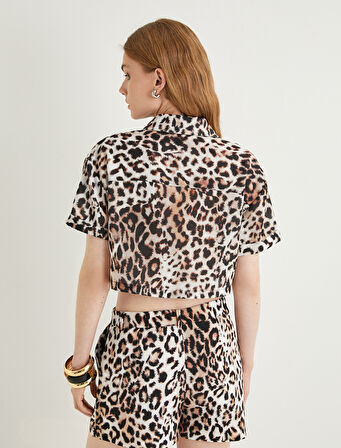 Oversize Leopar Desenli Crop Gömlek Kısa Kollu 
