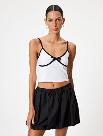 Fiyonk Detaylı Askılı Crop Top Renk Kontrastlı Pamuklu Slim Fit