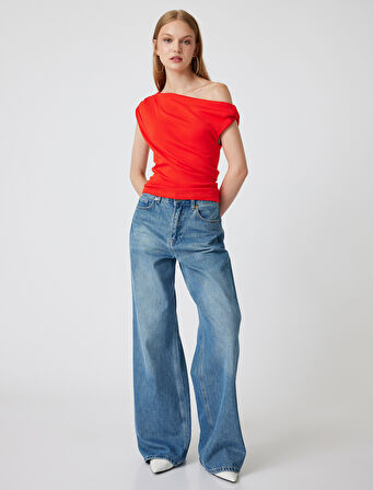 Tek Omuz Üst Omzu Açık Drapeli Slim Fit Pamuklu