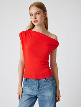 Tek Omuz Üst Omzu Açık Drapeli Slim Fit Pamuklu