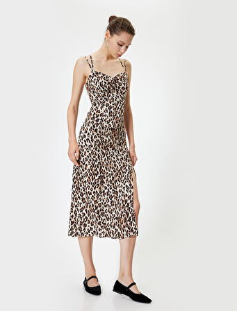 Midi Elbise Askılı Leopar Desenli Yırtmaçlı Degaje Yaka Slim Fit 