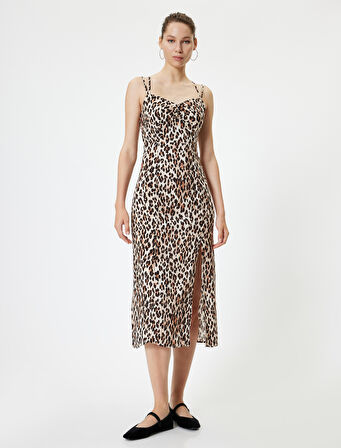 Midi Elbise Askılı Leopar Desenli Yırtmaçlı Degaje Yaka Slim Fit 