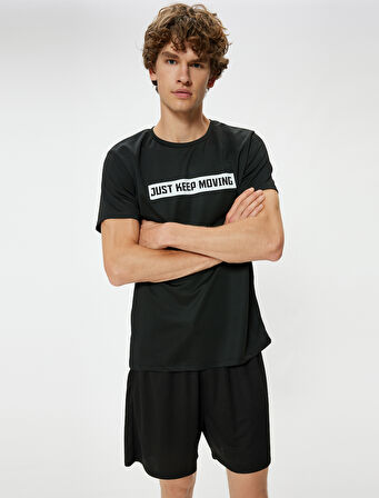 Spor Tişört Slogan Baskılı Bisiklet Yaka Kısa Kollu