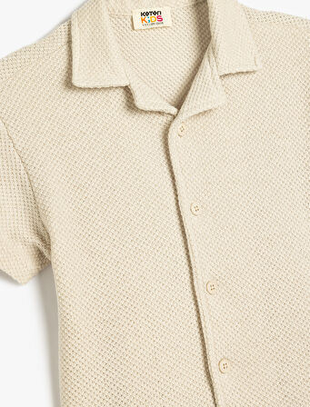 Oversize Gömlek Kısa Kollu Düğmeli Dokulu Pamuk Karışımlı