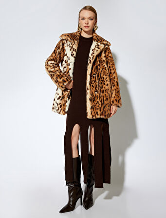 Koton X Melis Ağazat - Leopar Desenli Peluş Kaban Kruvaze Düğmeli Cepli
