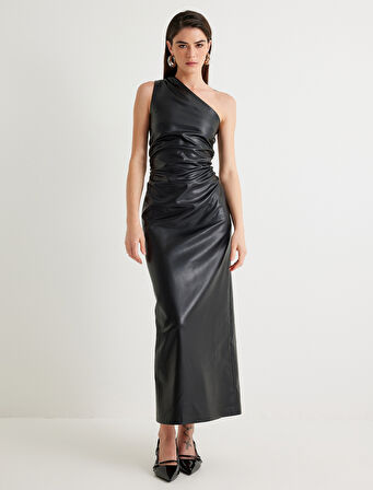 Suni Deri Tek Omuz Slip Elbise Uzun Drapeli