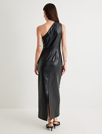 Suni Deri Tek Omuz Slip Elbise Uzun Drapeli