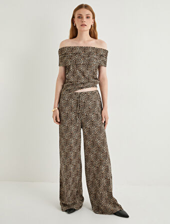 Leopar Desenli Pantolon Wide Leg Beli Bağcıklı Relax Fit