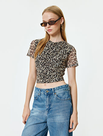 Şifon Bluz Leopar Desenli Kısa Kollu Büzgülü Bisiklet Yaka