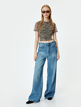 Şifon Bluz Leopar Desenli Kısa Kollu Büzgülü Bisiklet Yaka