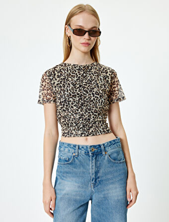 Şifon Bluz Leopar Desenli Kısa Kollu Büzgülü Bisiklet Yaka