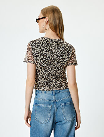 Şifon Bluz Leopar Desenli Kısa Kollu Büzgülü Bisiklet Yaka