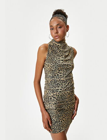 Leopar Desenli Mini Elbise Drapeli Kolsuz Dik Yaka Slim Fit
