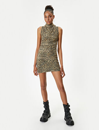 Leopar Desenli Mini Elbise Drapeli Kolsuz Dik Yaka Slim Fit