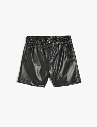 Deri Görünümlü Şort Cep ve Düğme Detaylı 