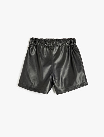 Deri Görünümlü Şort Cep ve Düğme Detaylı 