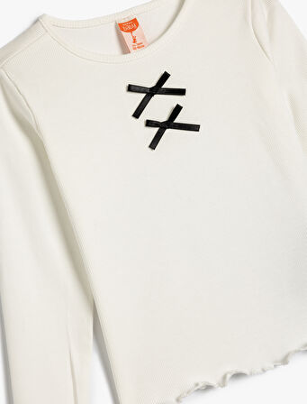 Tişört Fiyonk Aplikeli Uzun Kollu Bisiklet Yaka Pamuklu