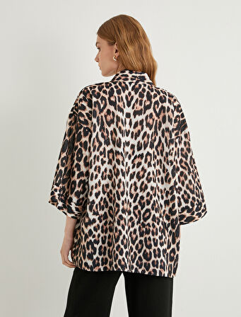 Leopar Desenli Kimono 3/4 Geniş Kol Kalça Boy Bol Kalıp