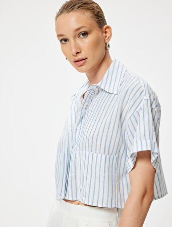 Crop Keten Gömlek Kısa Kollu Cep Detaylı Rahat Kalıp