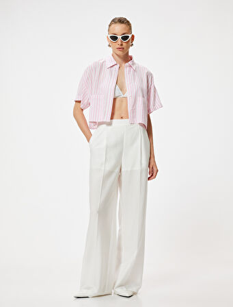 Crop Keten Gömlek Kısa Kollu Cep Detaylı Rahat Kalıp