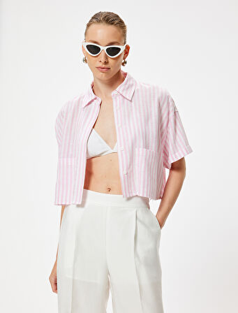 Crop Keten Gömlek Kısa Kollu Cep Detaylı Rahat Kalıp