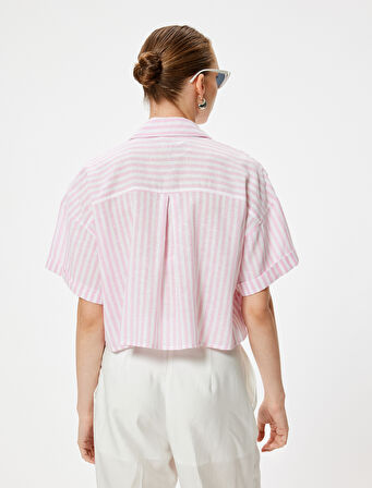 Crop Keten Gömlek Kısa Kollu Cep Detaylı Rahat Kalıp