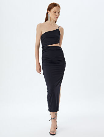 Midi Elbise Yırtmaçlı Pencere Detaylı Tek Omuz Askılı Drapeli Slim Fit