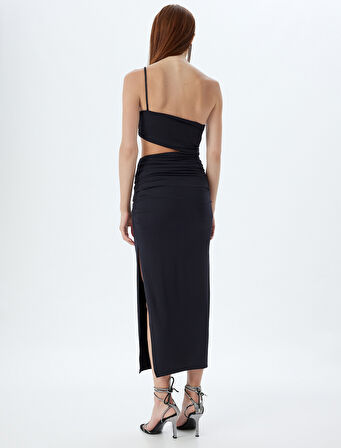 Midi Elbise Yırtmaçlı Pencere Detaylı Tek Omuz Askılı Drapeli Slim Fit