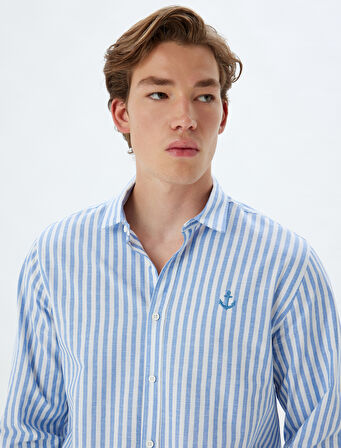 Uzun Kollu Gömlek Çapa İşlemeli Pamuklu