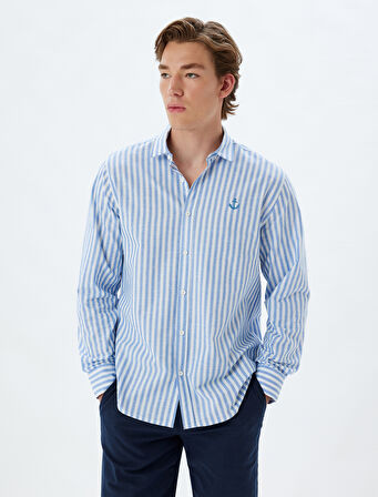 Uzun Kollu Gömlek Çapa İşlemeli Pamuklu