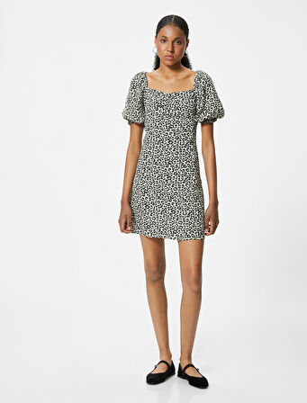 Leopar Desenli Mini Elbise Balon Kol Kare Yaka A Kesim Slim Fit