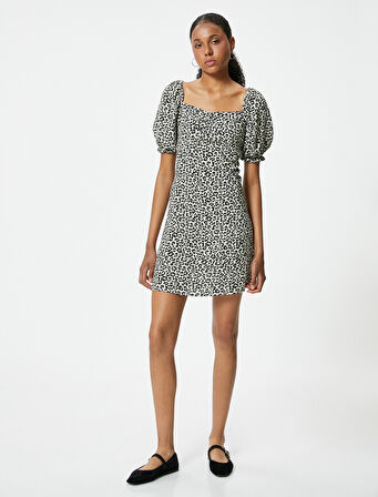 Leopar Desenli Mini Elbise Balon Kol Kare Yaka A Kesim Slim Fit