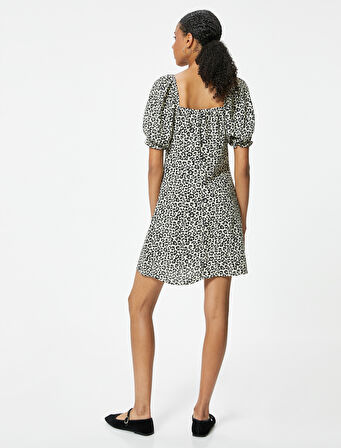Leopar Desenli Mini Elbise Balon Kol Kare Yaka A Kesim Slim Fit
