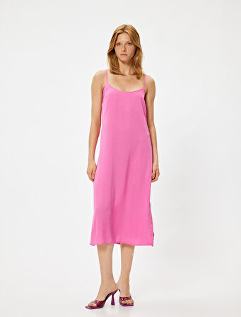 İnce Askılı Midi Boy Elbise Yırtmaç Detaylı Krep Kumaş