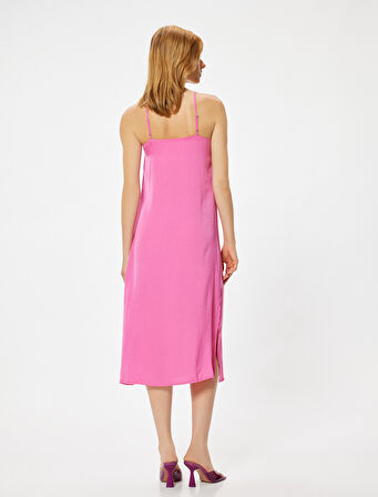 İnce Askılı Midi Boy Elbise Yırtmaç Detaylı Krep Kumaş