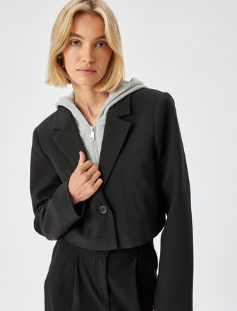 Kapüşonlu Crop Blazer Ceket Kruvaze Düğmeli