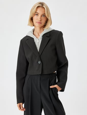 Kapüşonlu Crop Blazer Ceket Kruvaze Düğmeli