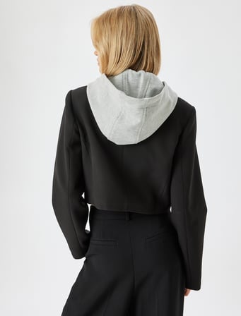 Kapüşonlu Crop Blazer Ceket Kruvaze Düğmeli