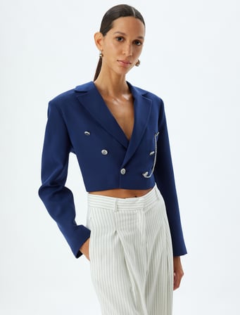 Kruvaze Crop Blazer Ceket Armürlü Zincir Detaylı Düğmeli