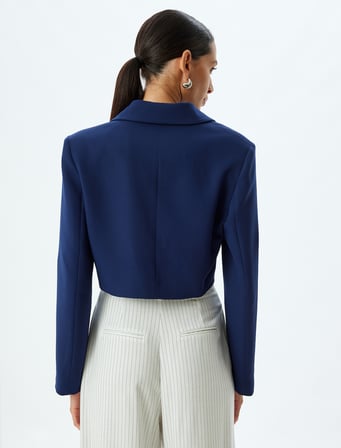 Kruvaze Crop Blazer Ceket Armürlü Zincir Detaylı Düğmeli