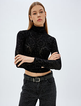 Floral Kadife Crop Body Balıkçı Yaka Uzun Kollu Slim Fit